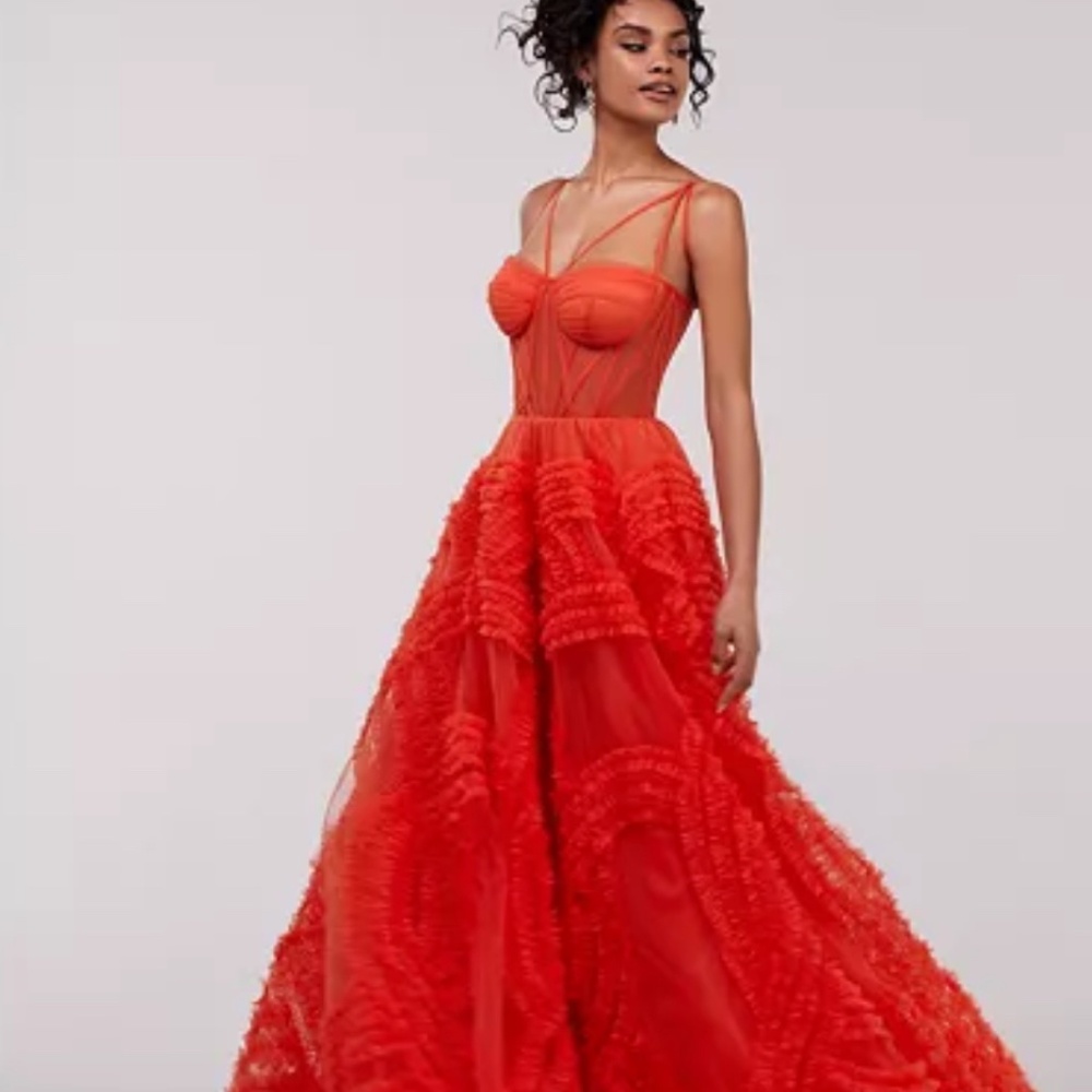 Elegant Orange Maxi Dress with Sheer Corset Bodice - Picture 3 of 10